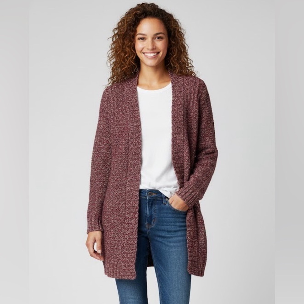 ROOTS Lambswool Blend Marled Knit Open Front Cardigan - Cabin Core Red/Grey S